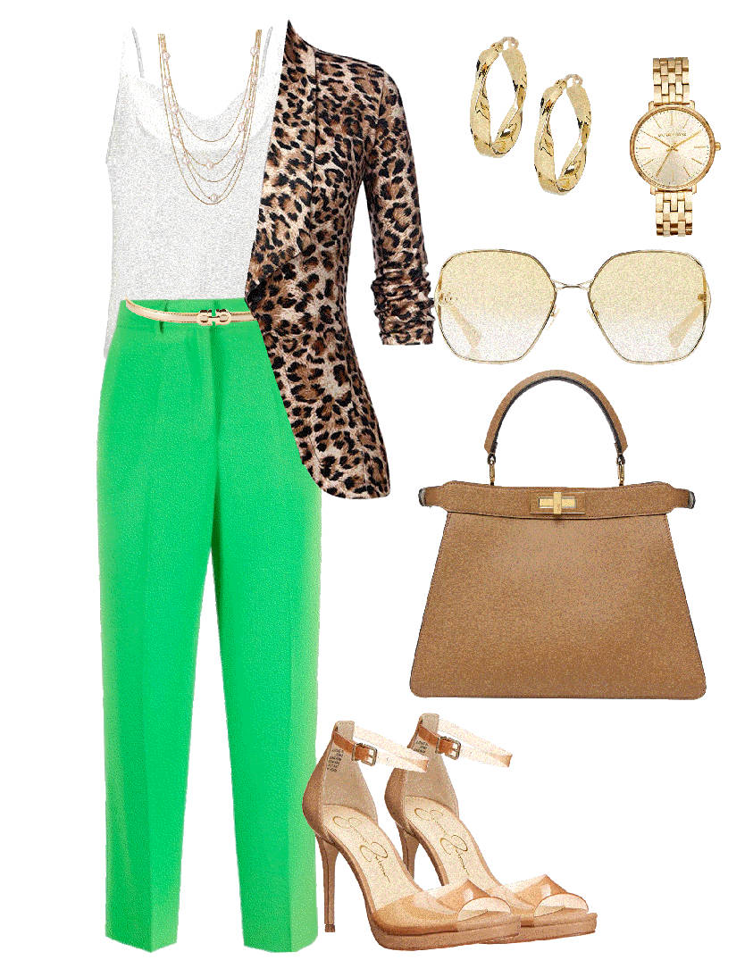 animal print blazer over a cami and pants