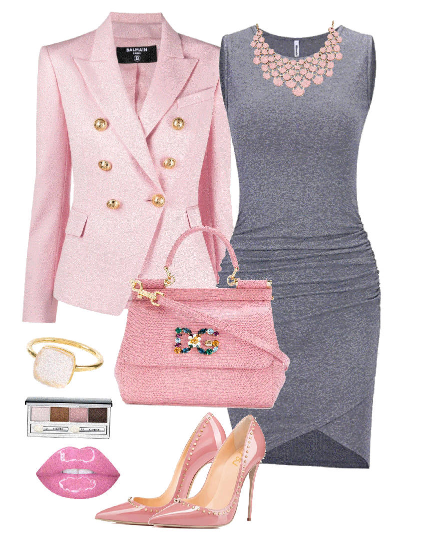 gray dress with pink statement necklace