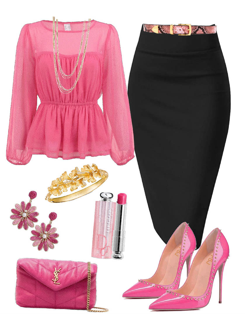 pink blouse and pencil skirt