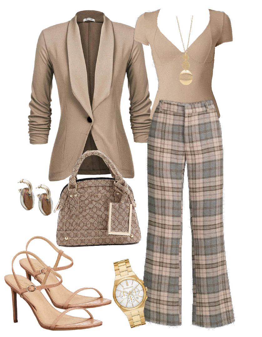 tartan pants with neutral bodysuit and blazer