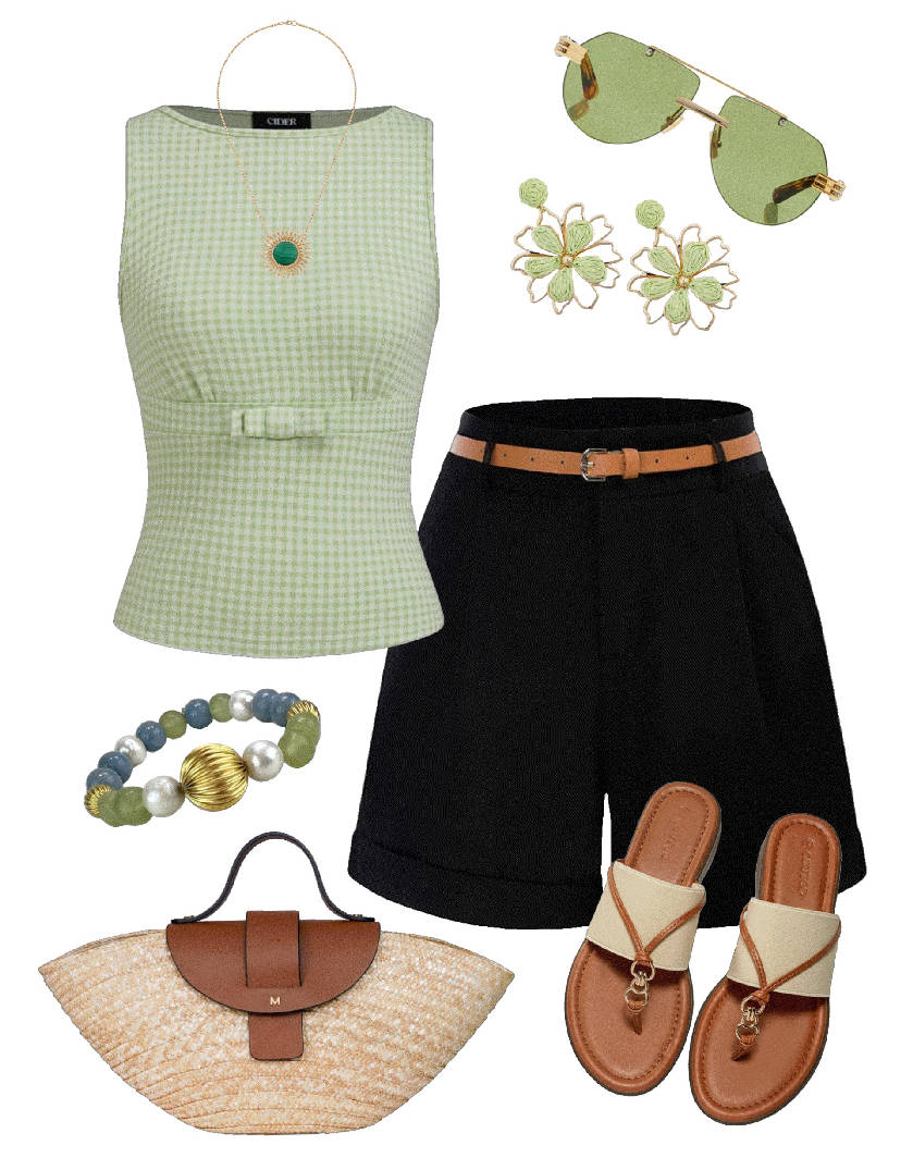 black shorts styled with pastel green top