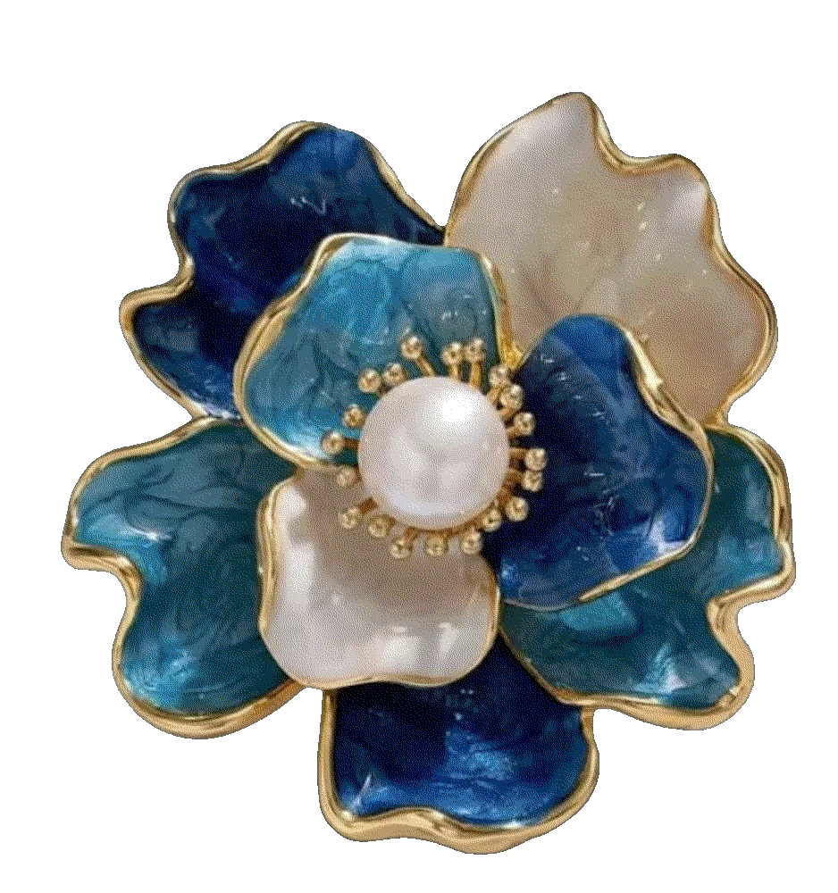 Enamel peony freshwater pearl brooch blue Angel Barocco
