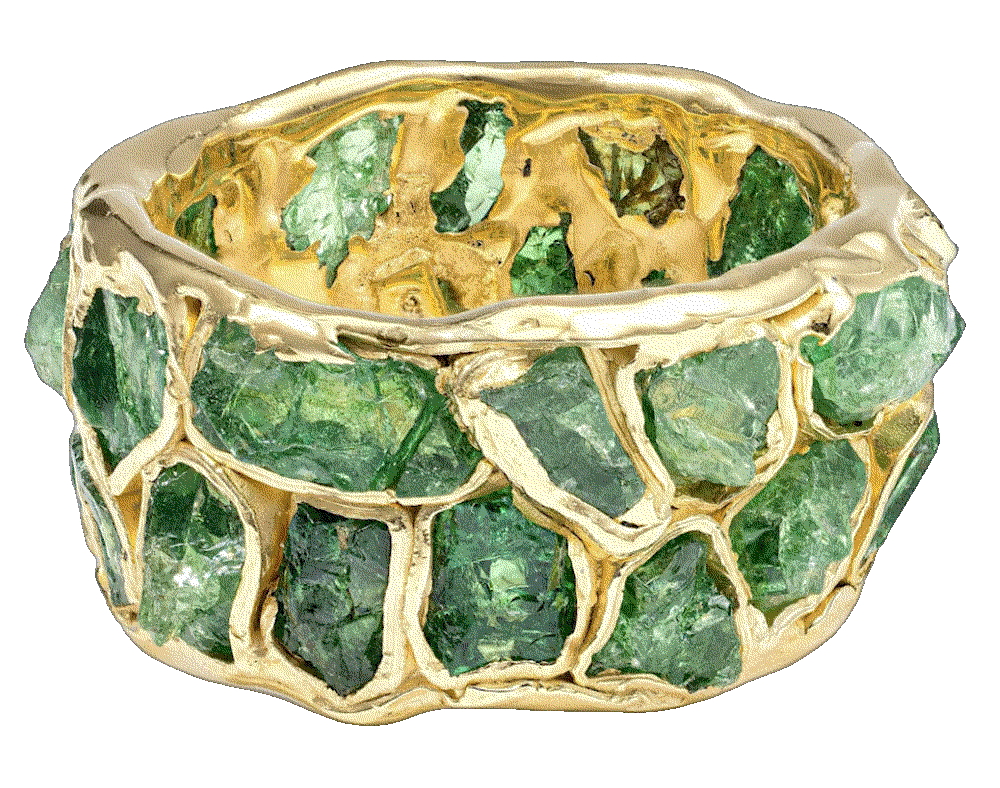 Viridi wide barrel ring with raw green tsavorite with gold plating German Kabirski