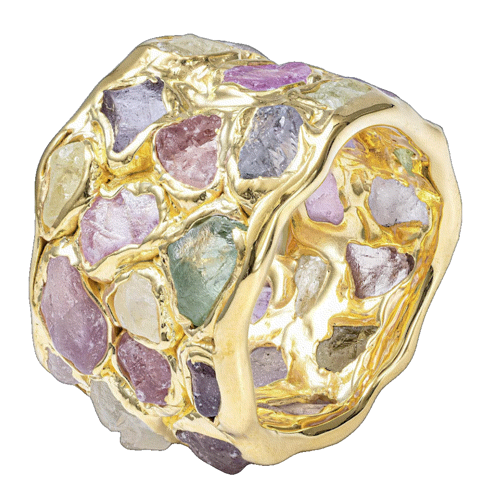 Elara limited edition barrel ring with raw fancy sapphires in gold plated sterling silver German Kabirski