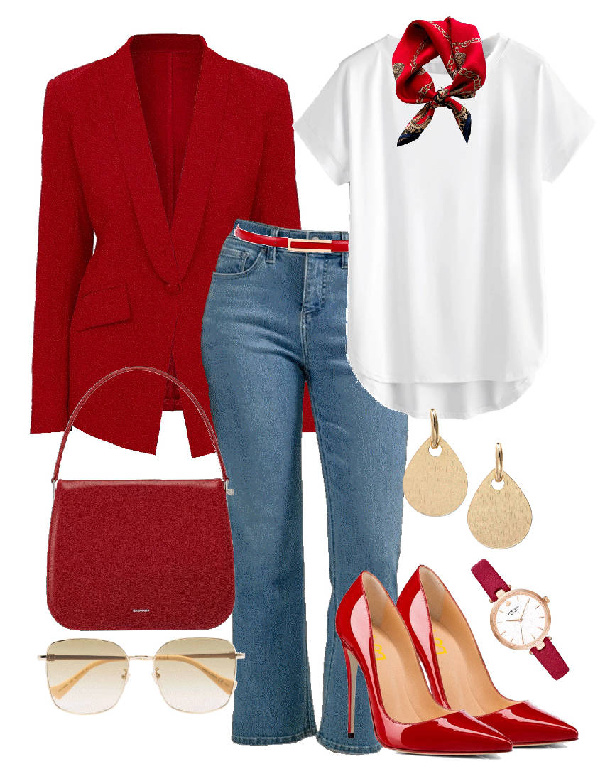 white tee and red blazer