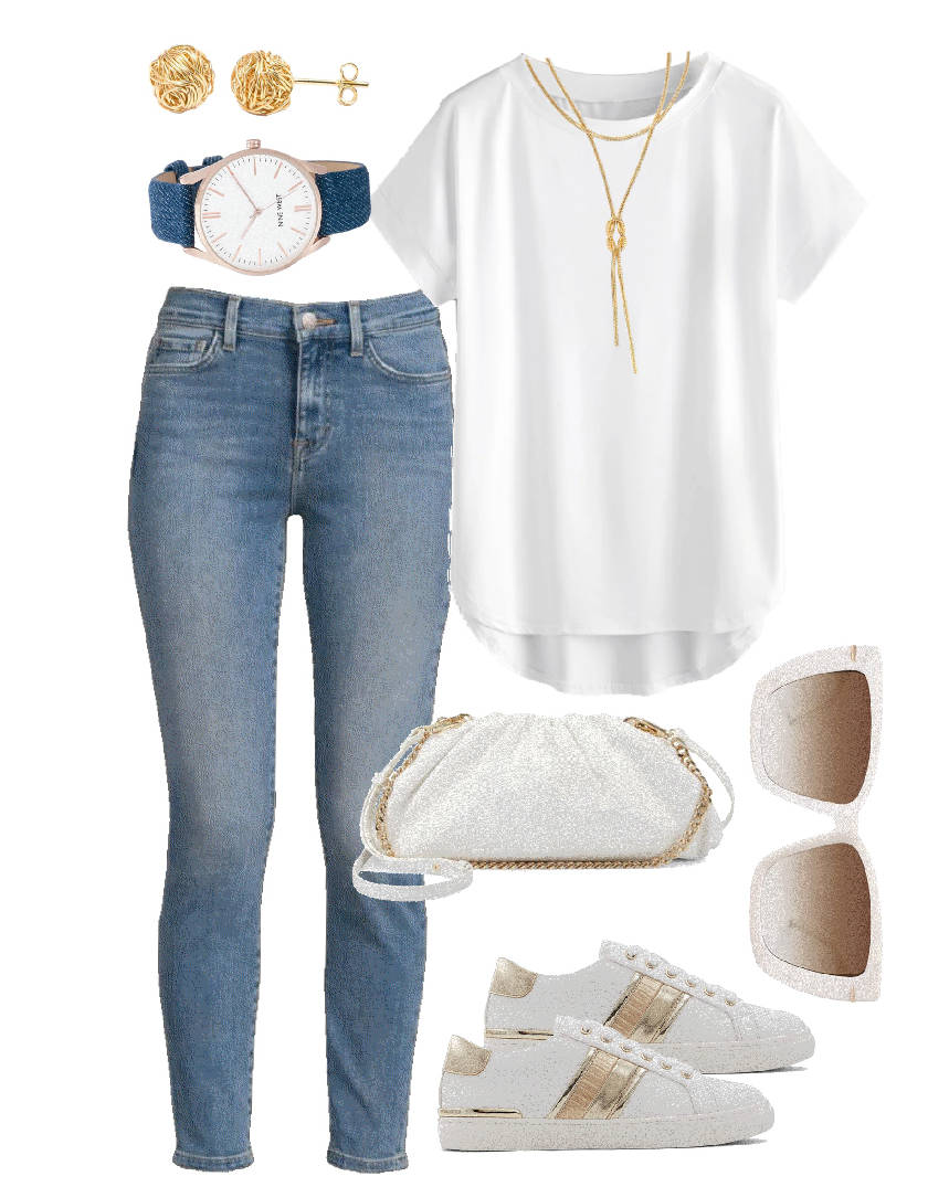white tee, jeans and sneakers