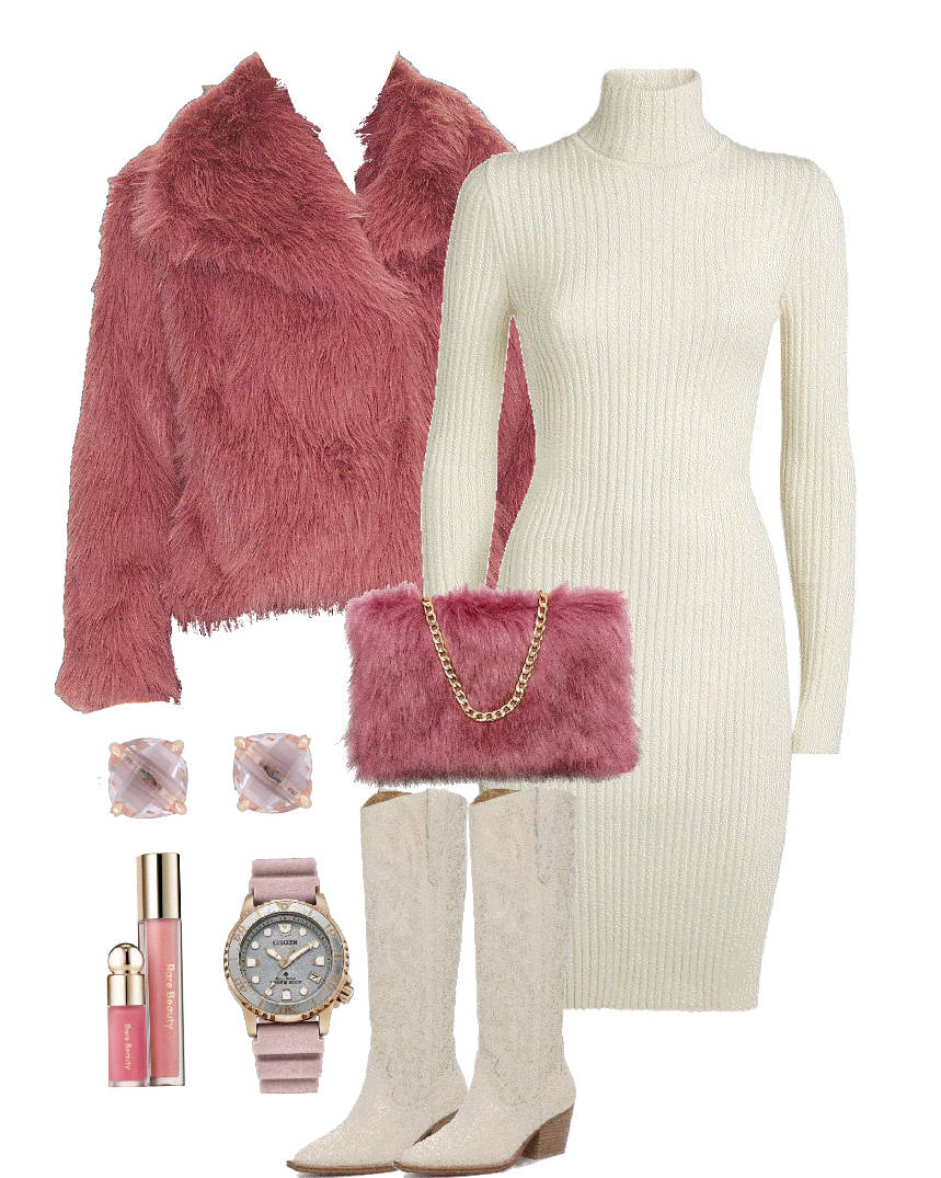 white dress and pink faux fur coat
