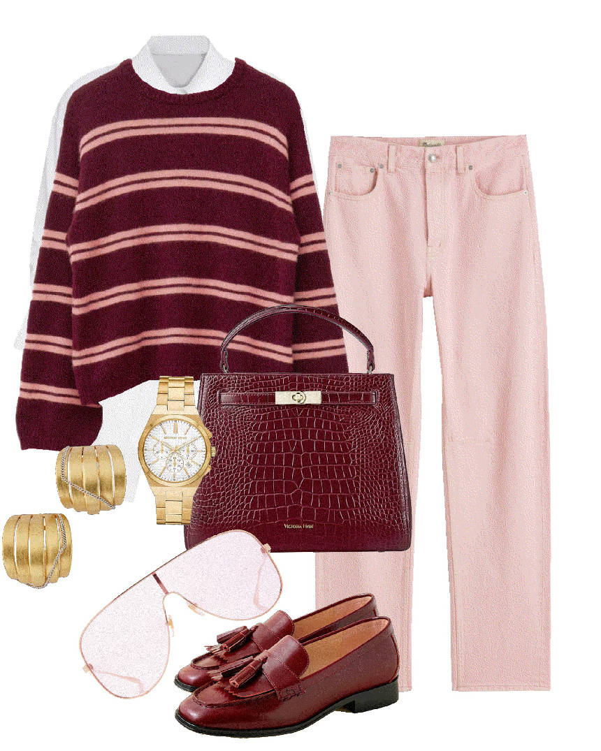 pale pink jeans with burgundy loafers
