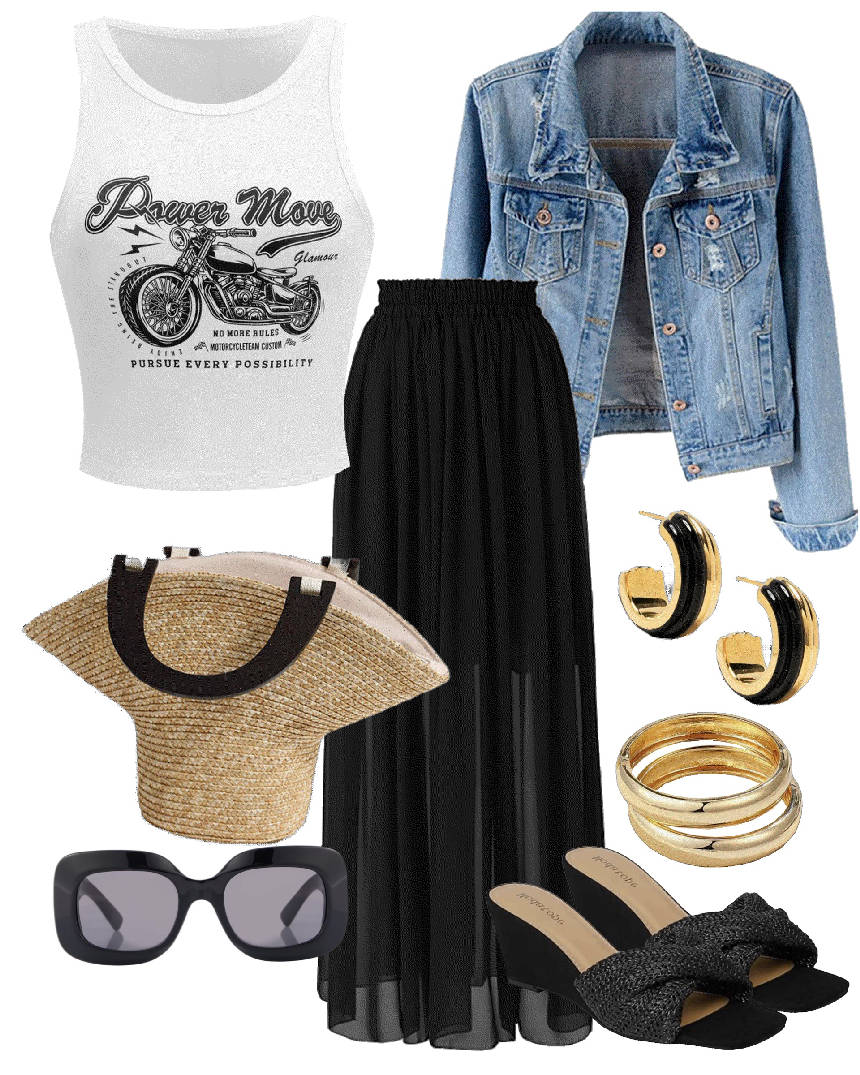 black maxi skirt denim jacket and raffia bag