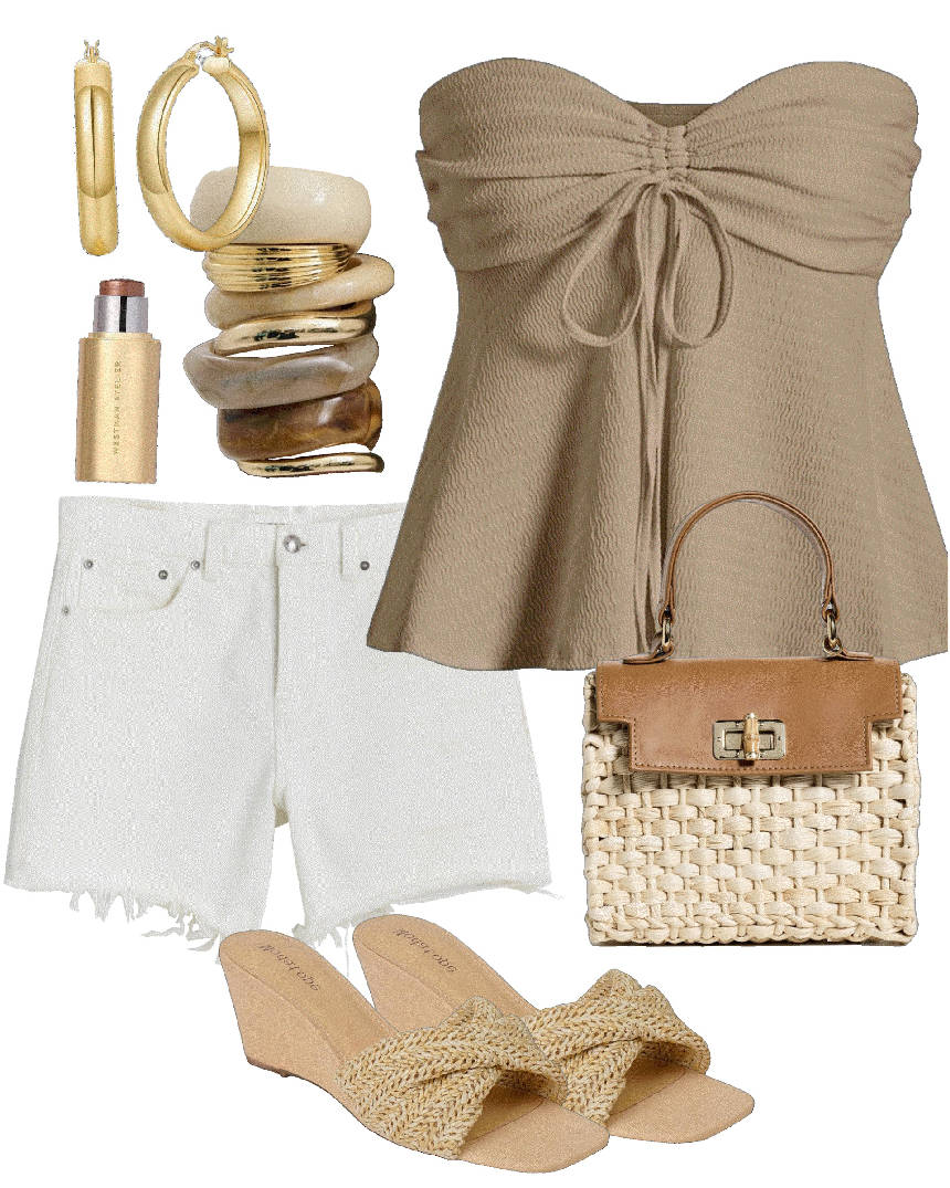 white denim shorts and strapless  top