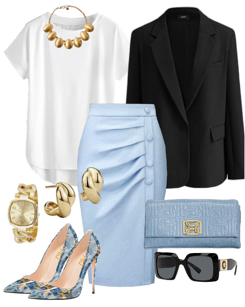 black oversize blazer with ice blue skirt