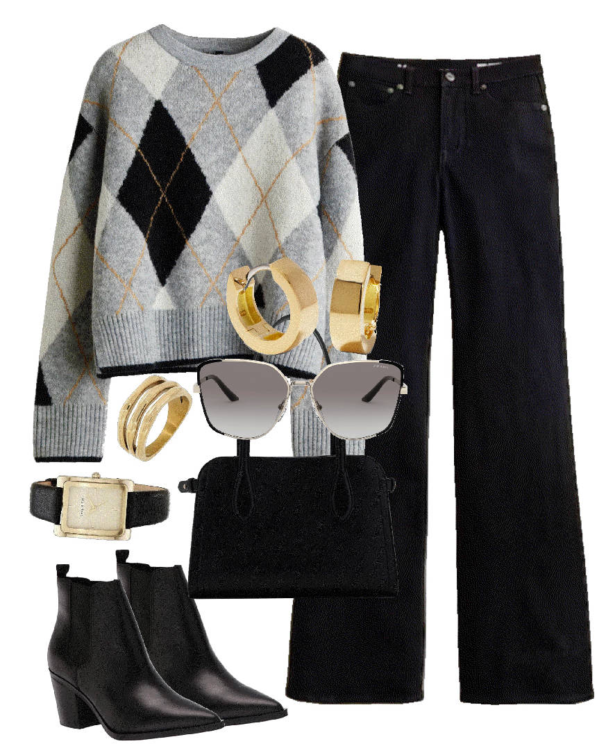 black jeans flare and trendy argyle sweater