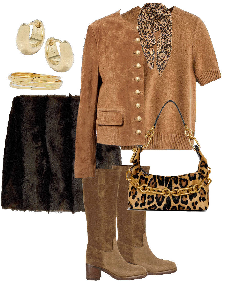 faux fur mini skirt and beige boots
