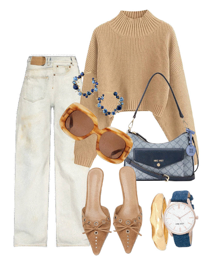 beige sweaters and jeans