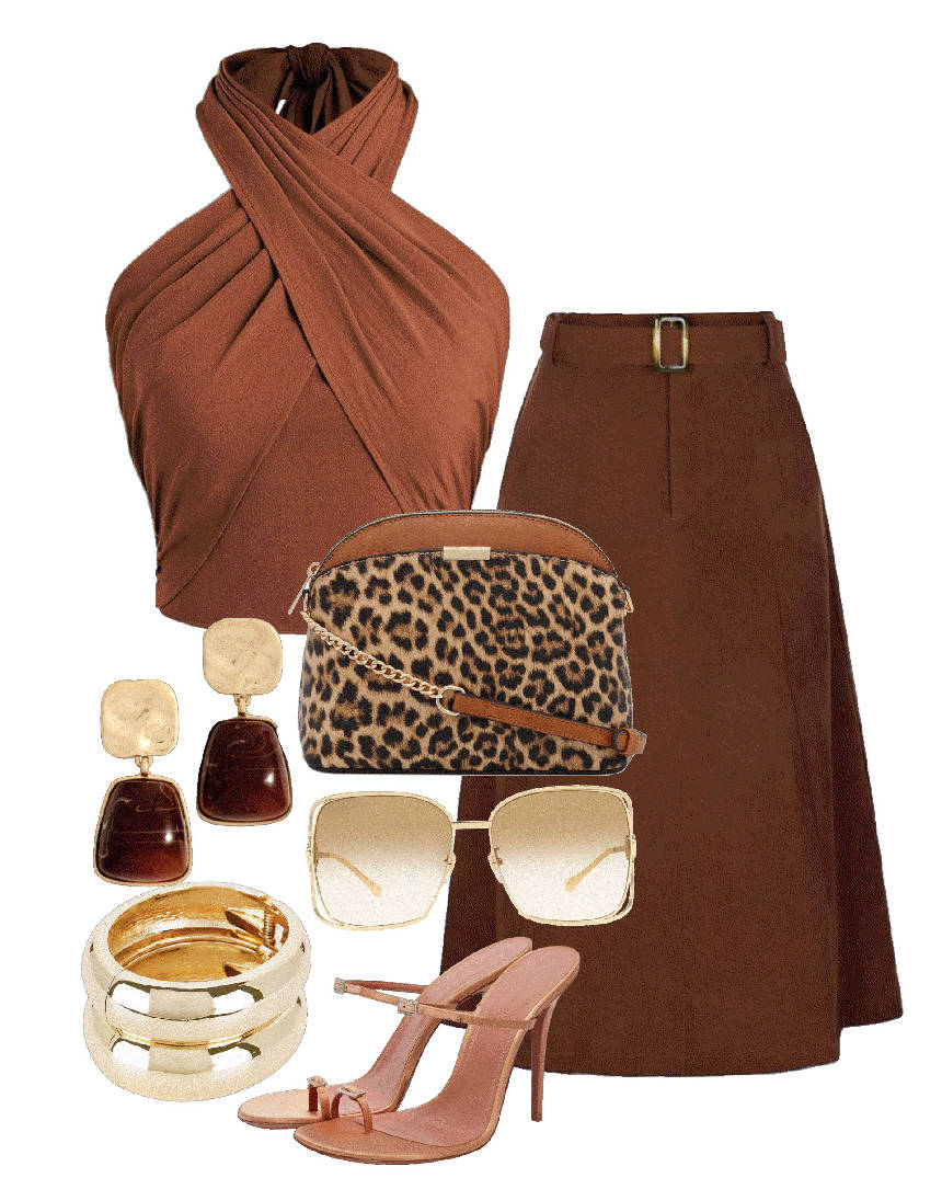 halterneck top and brown a-line skirt