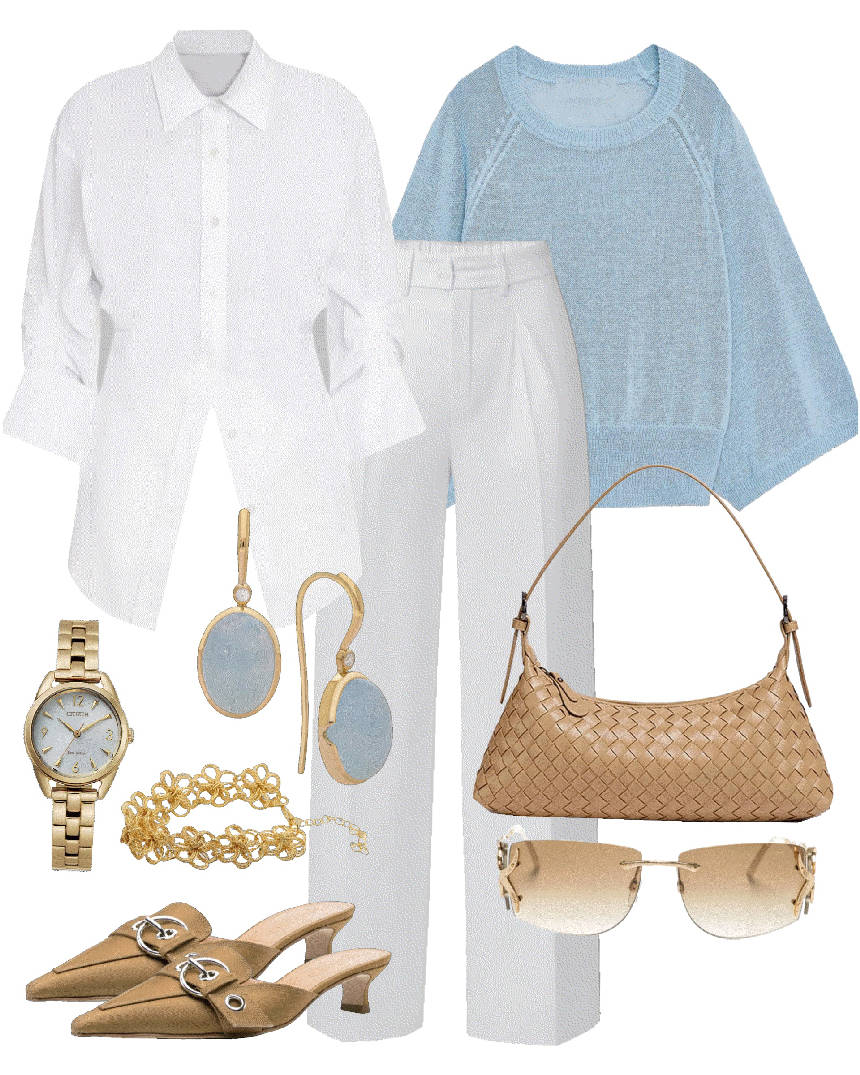 white jeans outfit styled with blue sweater