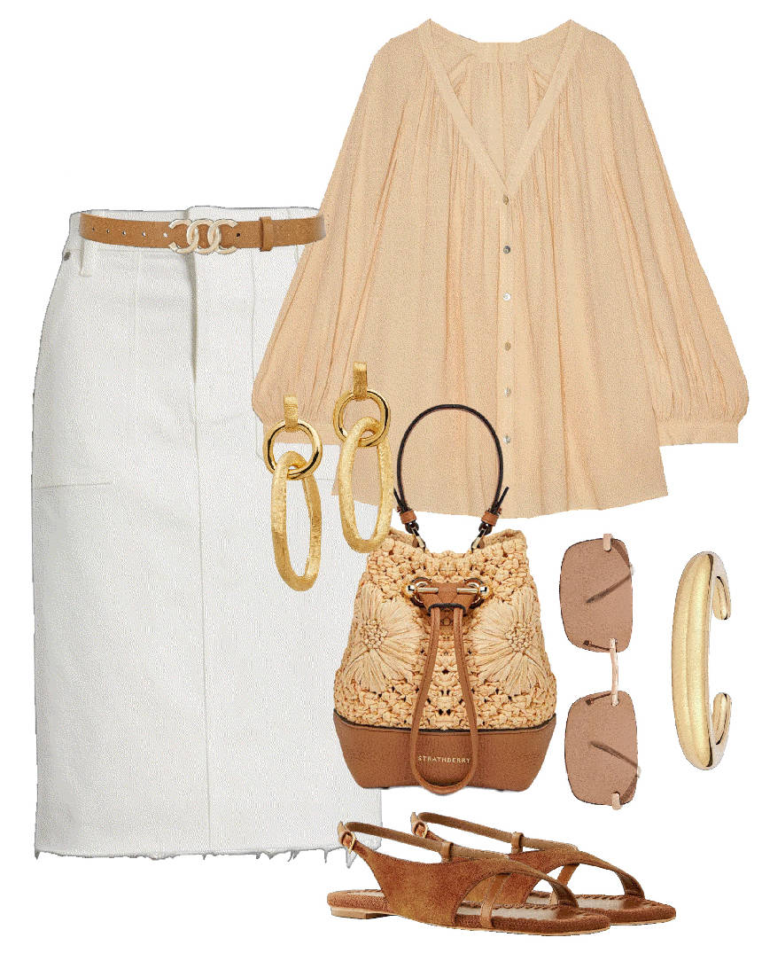 white denim skirt with yellow blouse and flat sandals