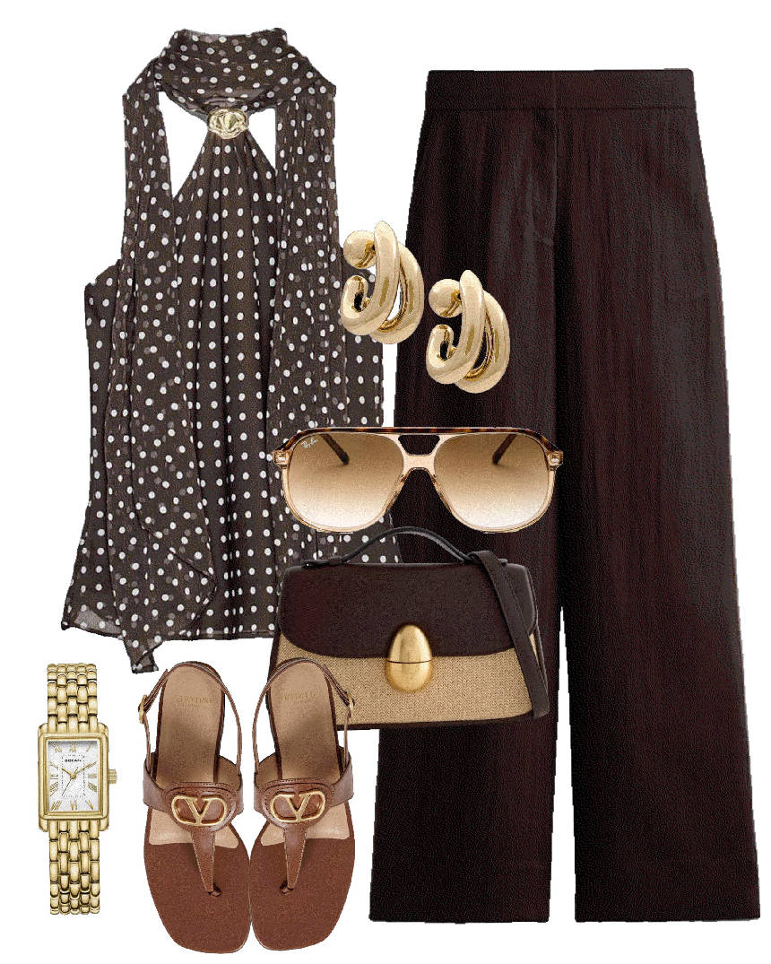 wide leg pants in brown and polka dot top
