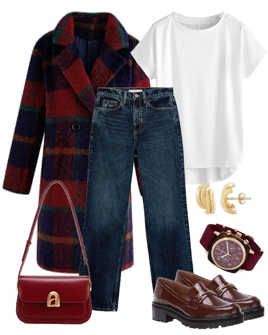 tartan coat and casual pants and loafers