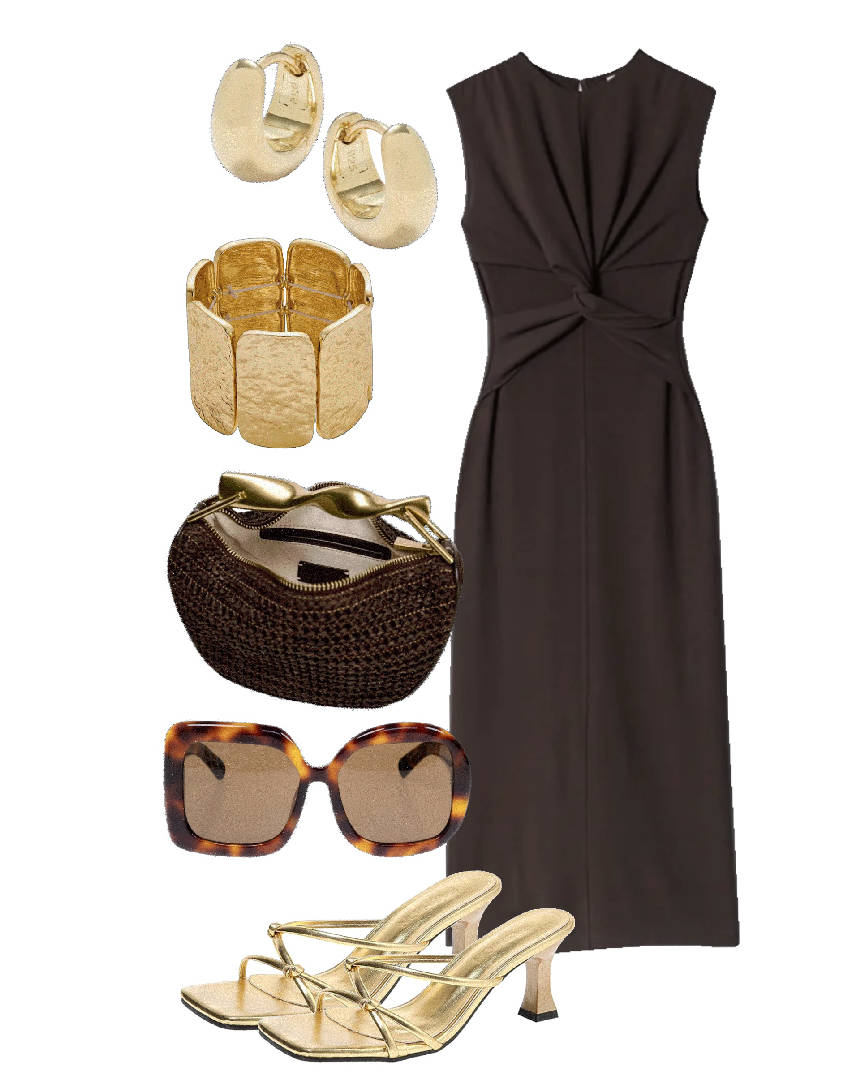 brown evening dress and raffia brown bag
