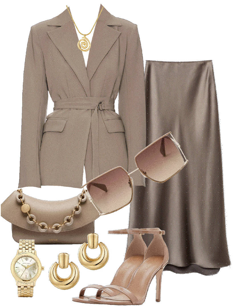 blazer and skirt styled with discrete dangle earrings