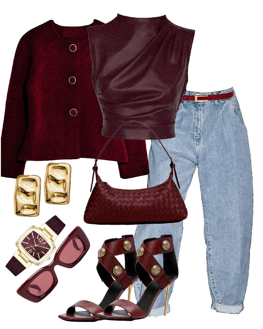 burgundy top and ballon jeans