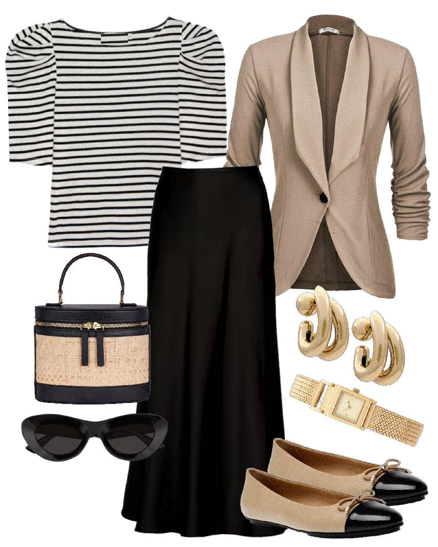 layering a beige blazer over a maxi skirt