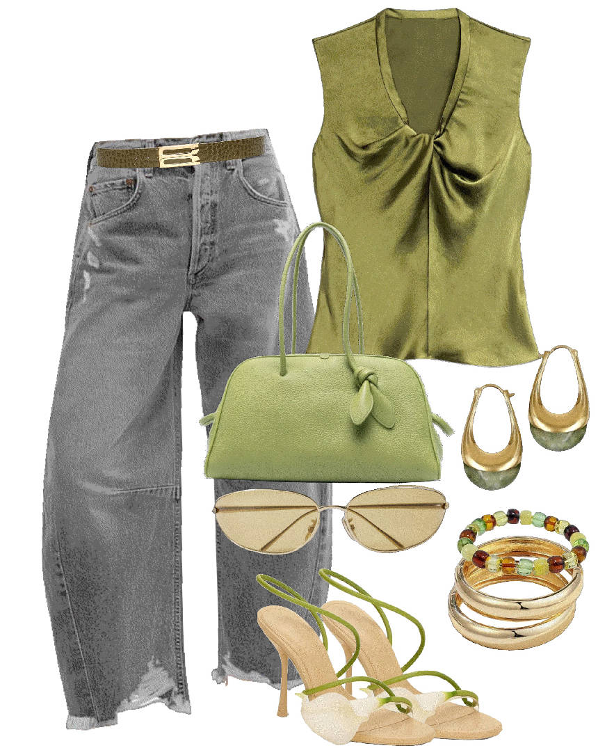 Cute slime green satin blouse and jeans