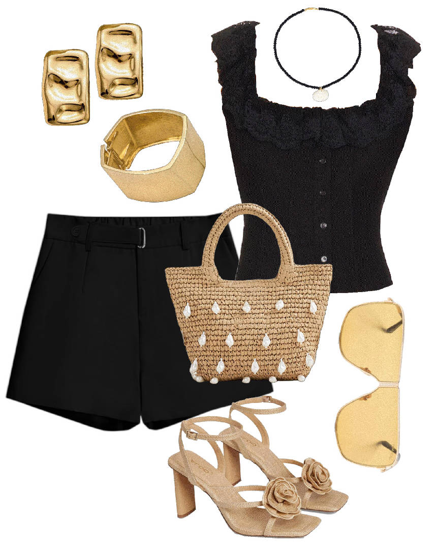 all black in shorts and beige sandals