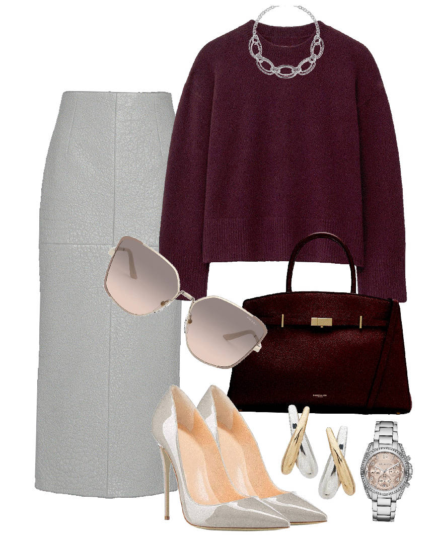 burgundy sweater top handle bag and gray skirt