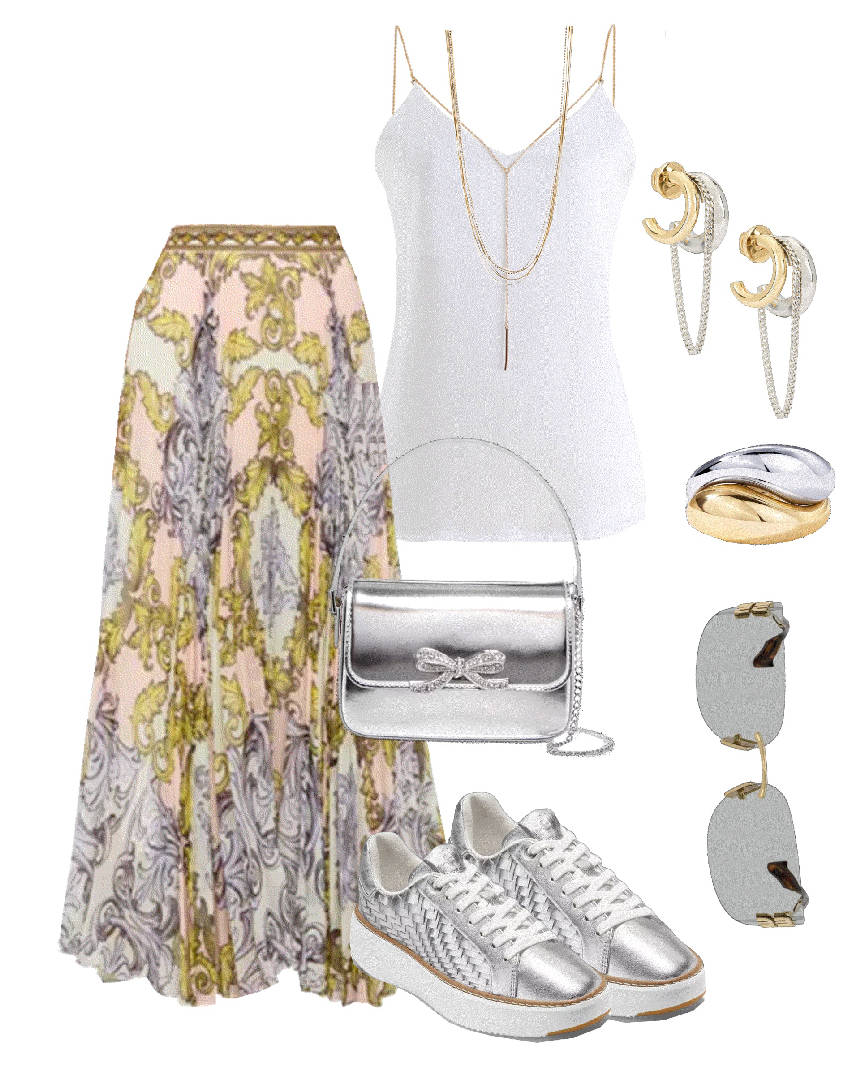pleated maxi skirt and v-neck top