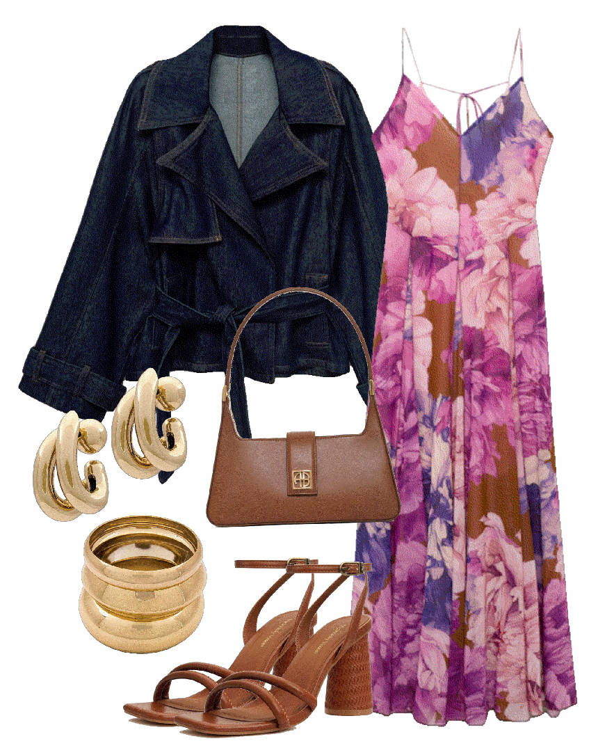 floral pink dress and denim jacket
