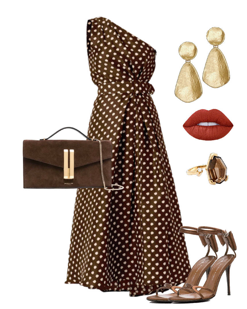 clutch suede bag and polka dot dress
