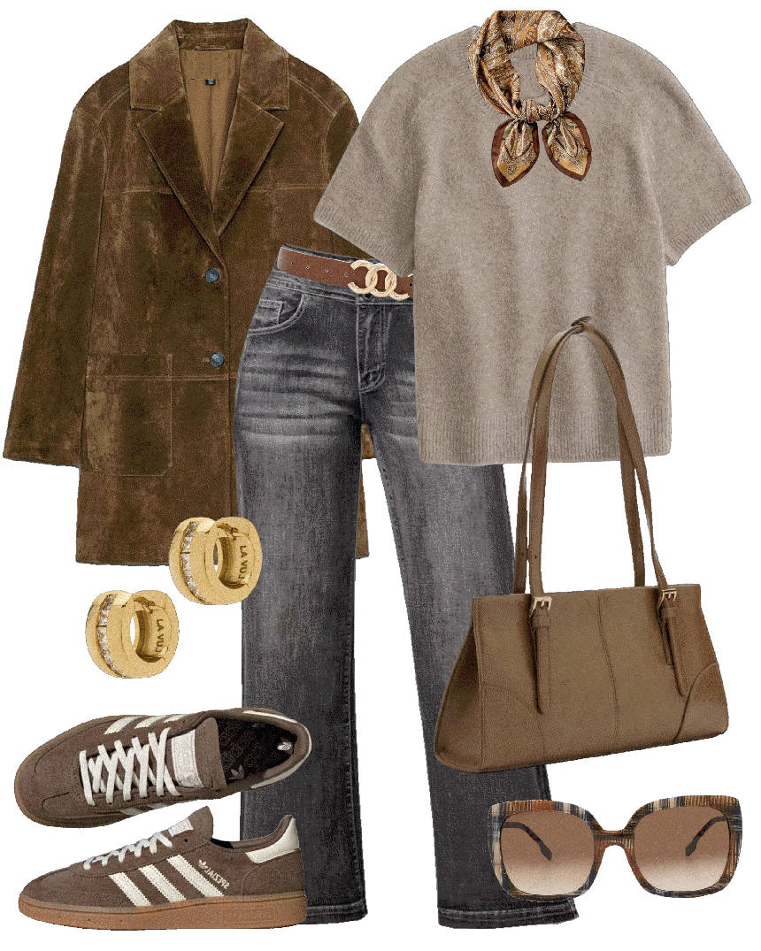 gray straight leg jeans and neutral brown top
