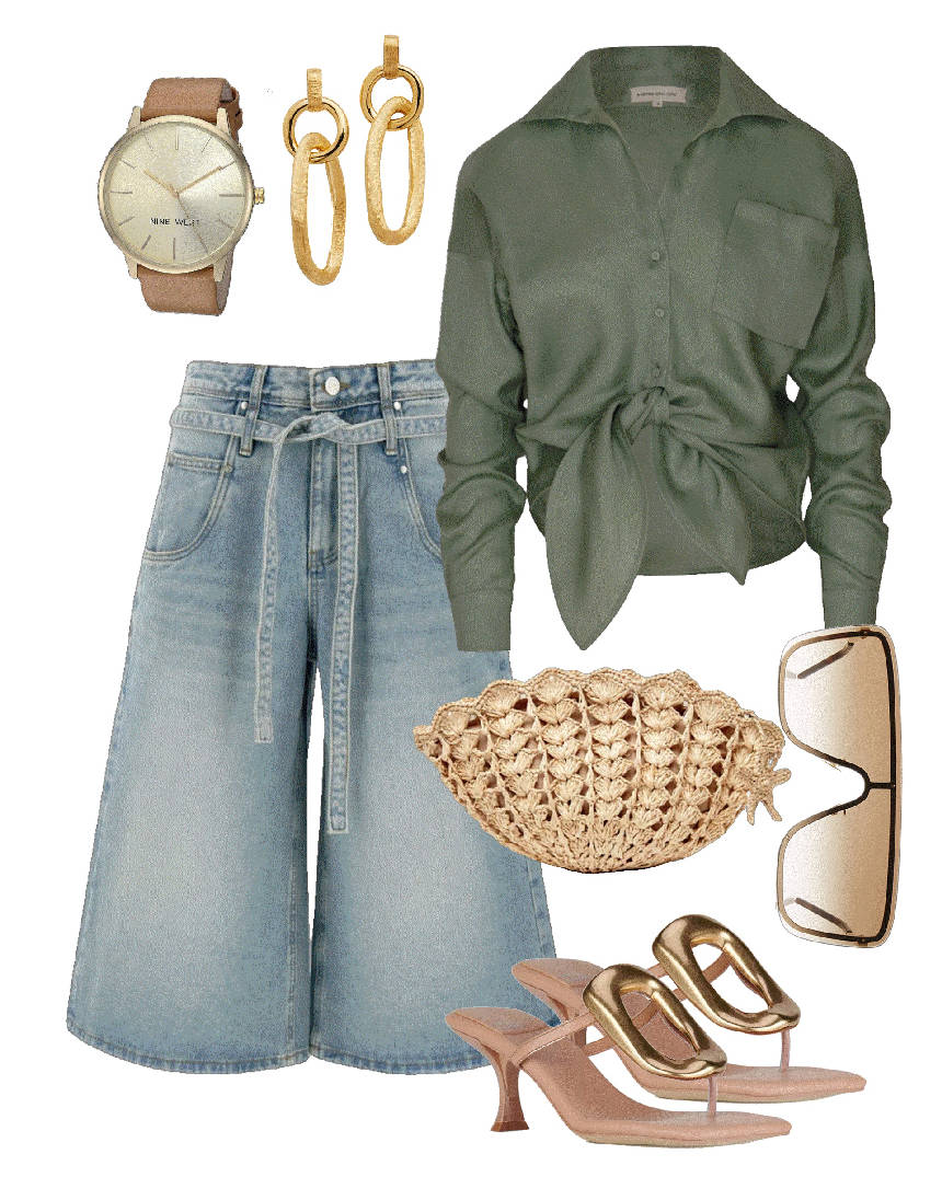 green short with culotte denim and sandals