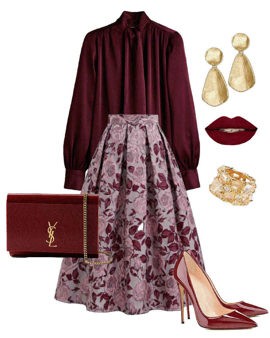 burgundy blouse and floral skirt