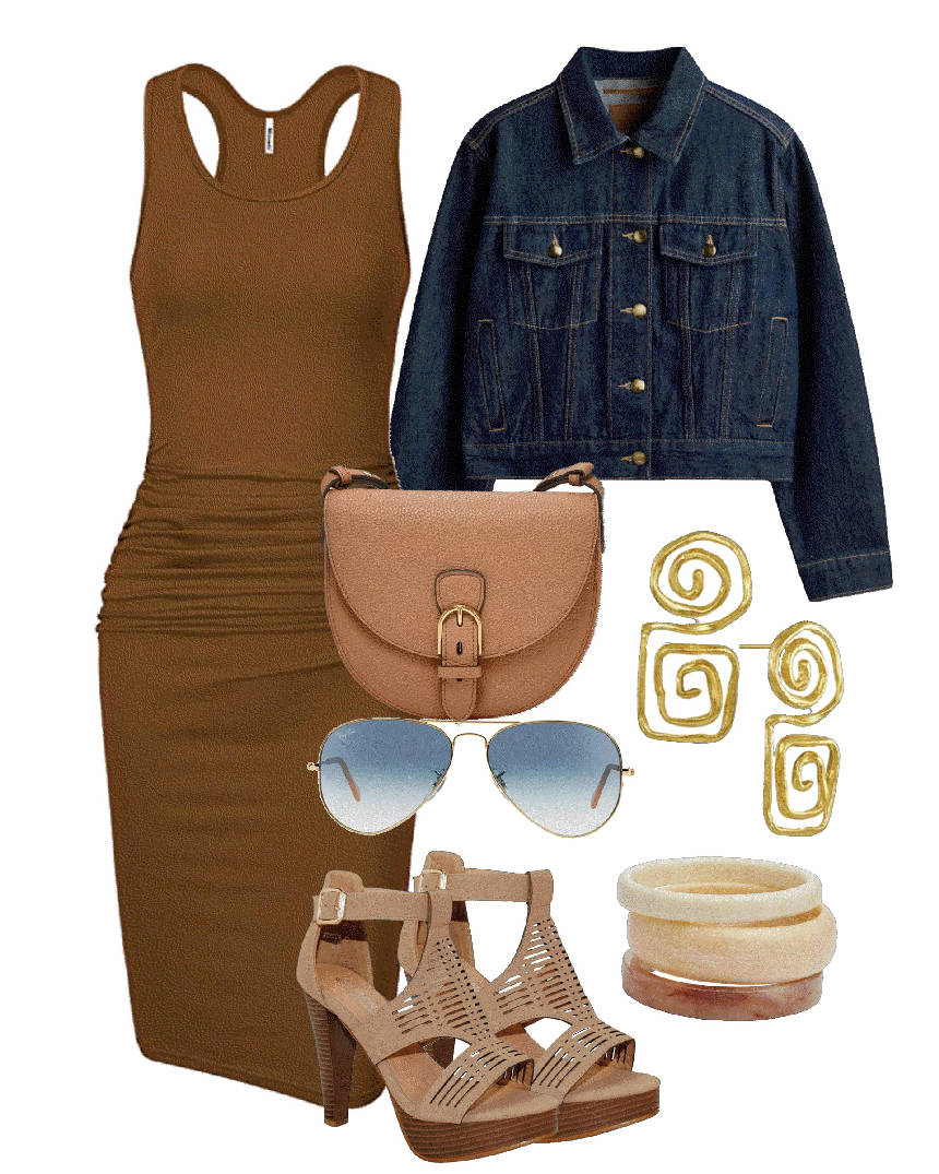 bodycon dress in brown with denim jacket