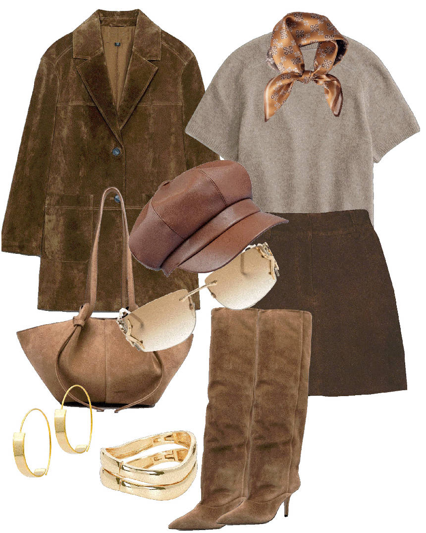 suede jacket and suede knee boots with mini skirt