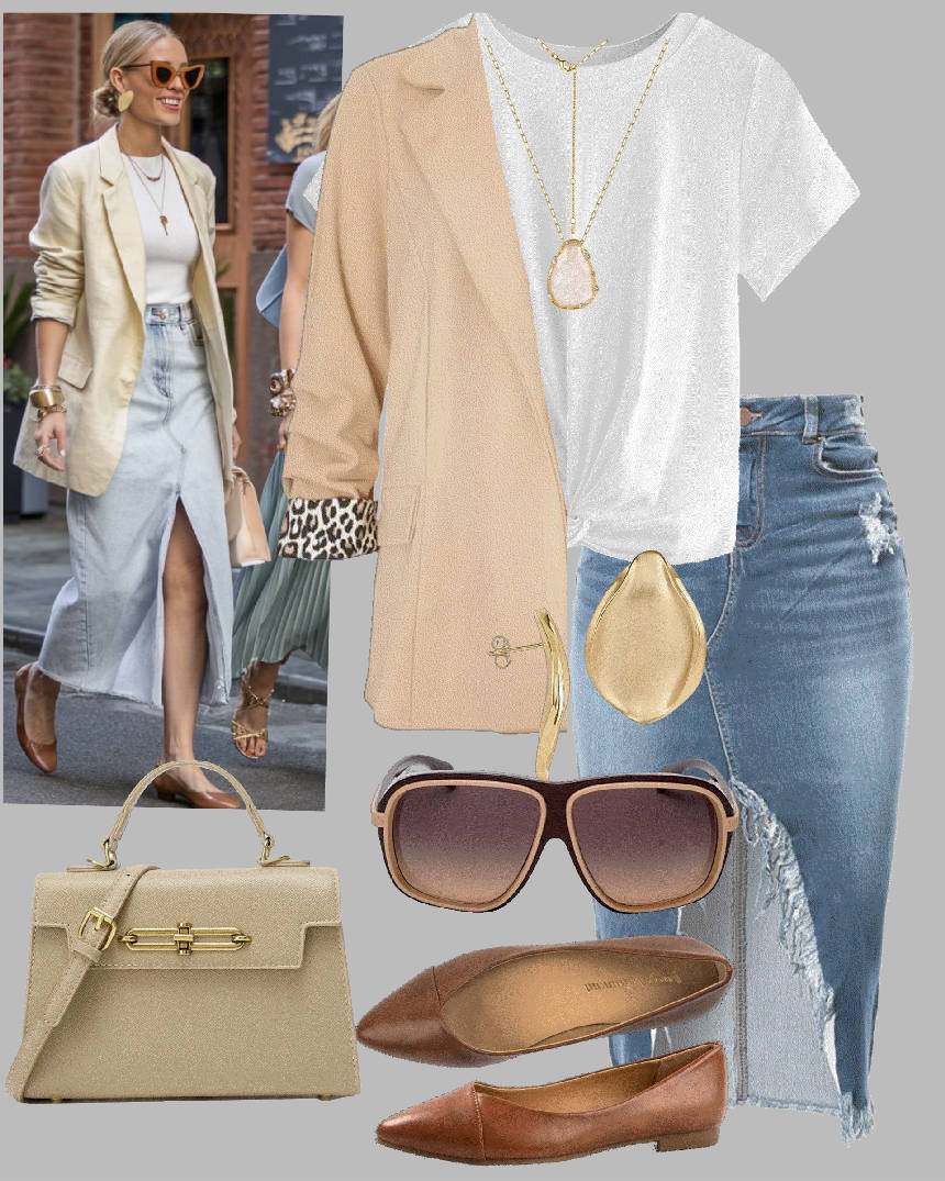 adding a blazer to a denim skirt outfit