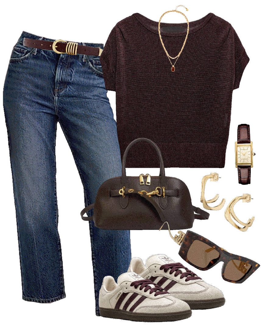 brown knit top and jeans with sneakers