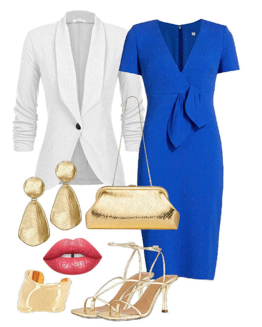 royal blue dress with a white blazer for date night