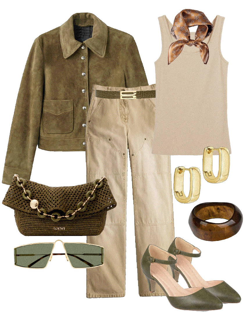 suede jacket with beige pants and top