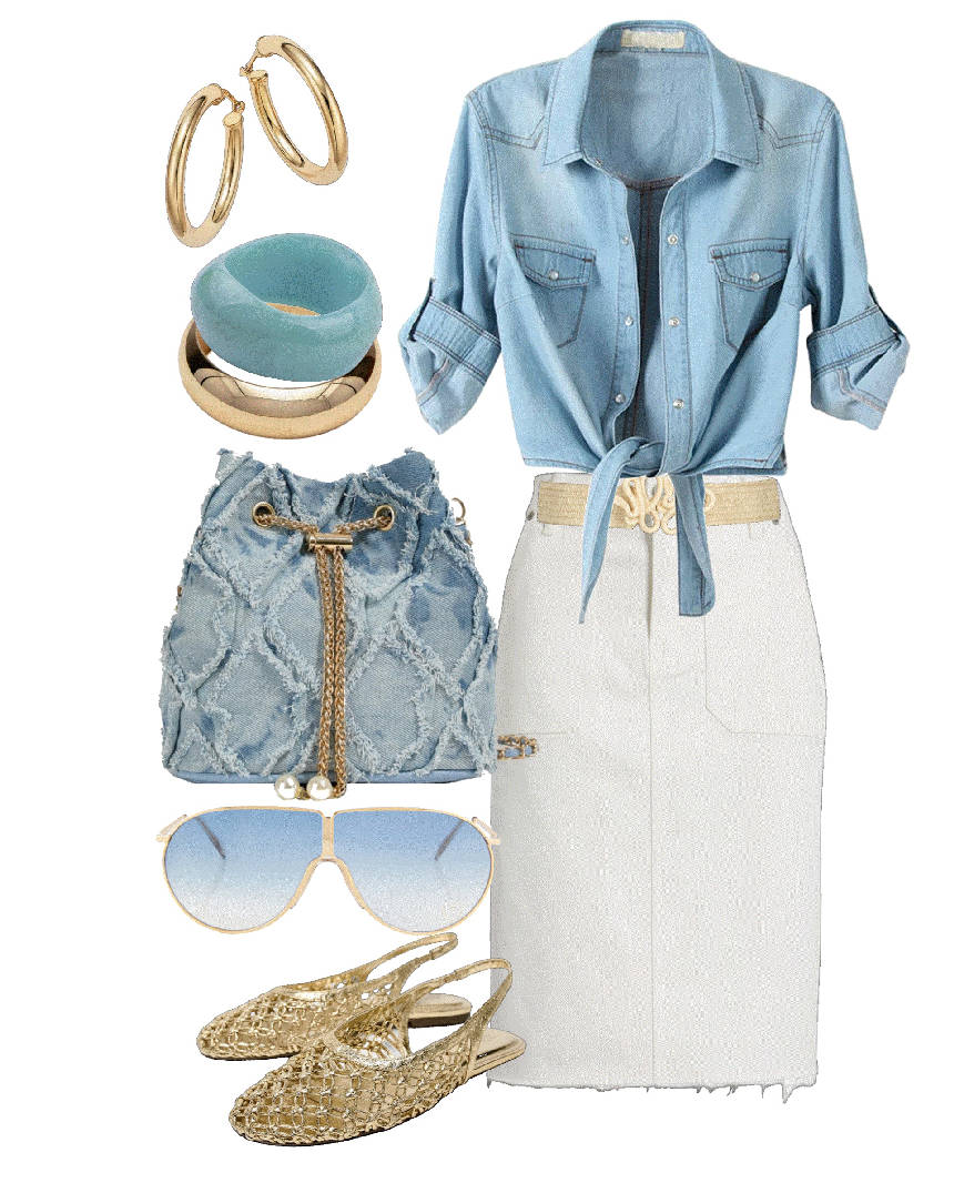 denim pencil skirt and crop v-neck shirt