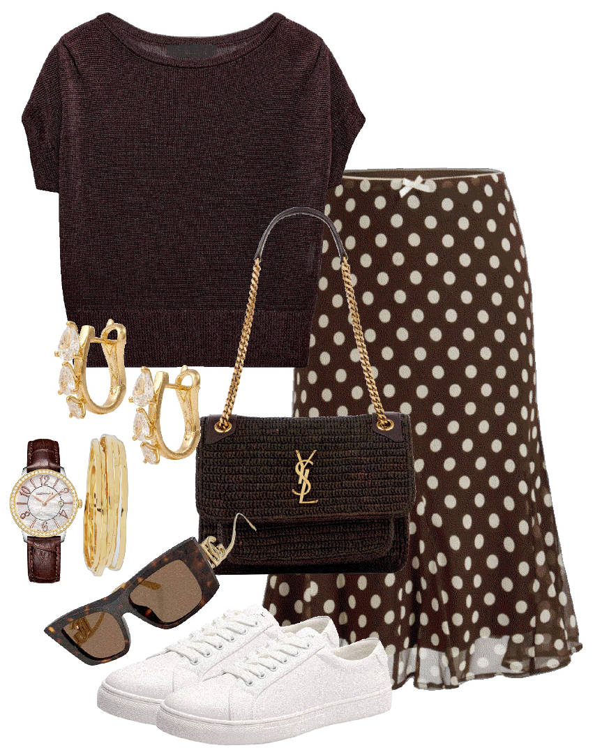 brown knit top and polka dot brown skirt