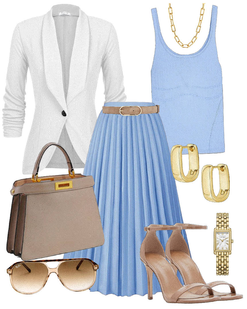 light blue pleated skirt and top