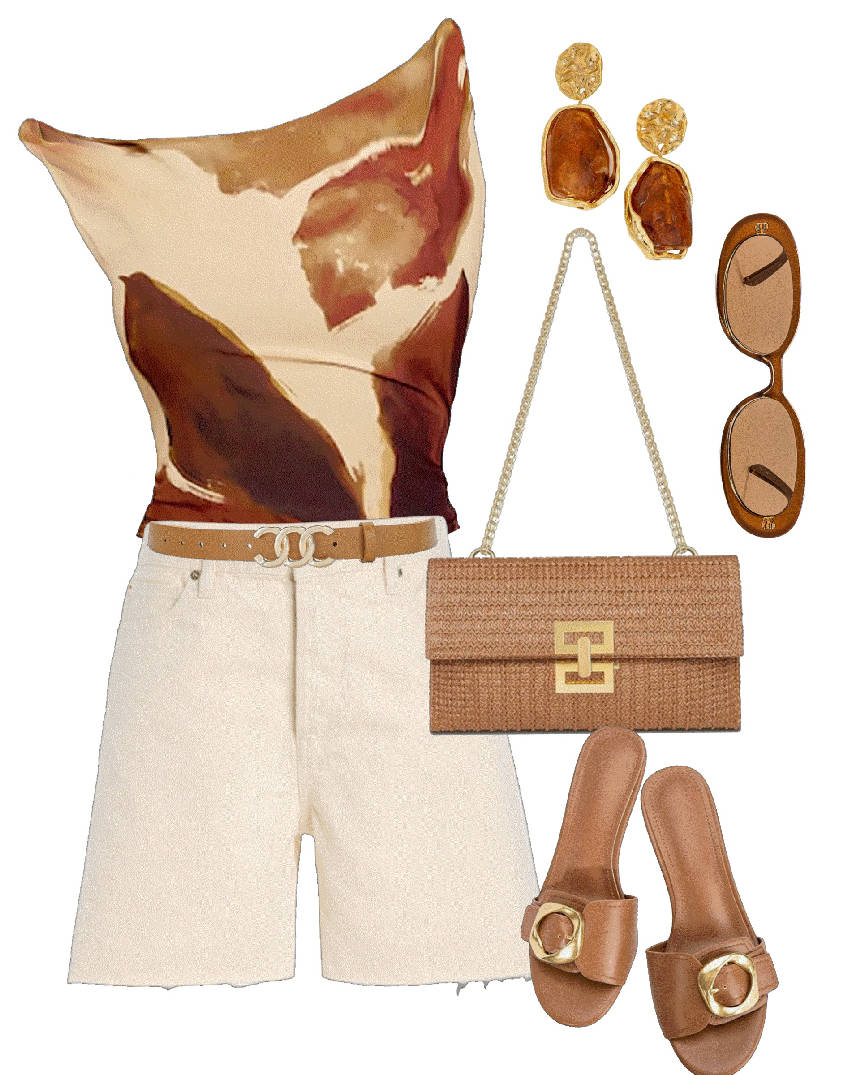 cream denim shorts and printed top