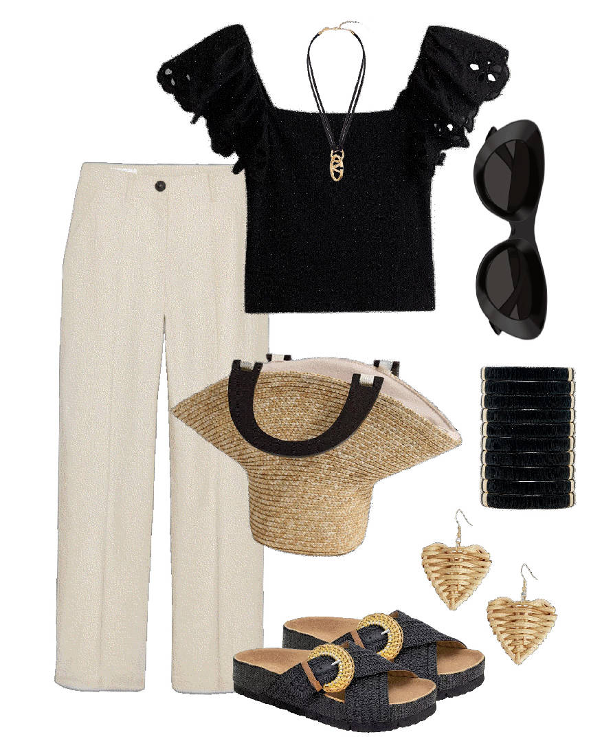 black slides with raffia bag linen pants and boho top