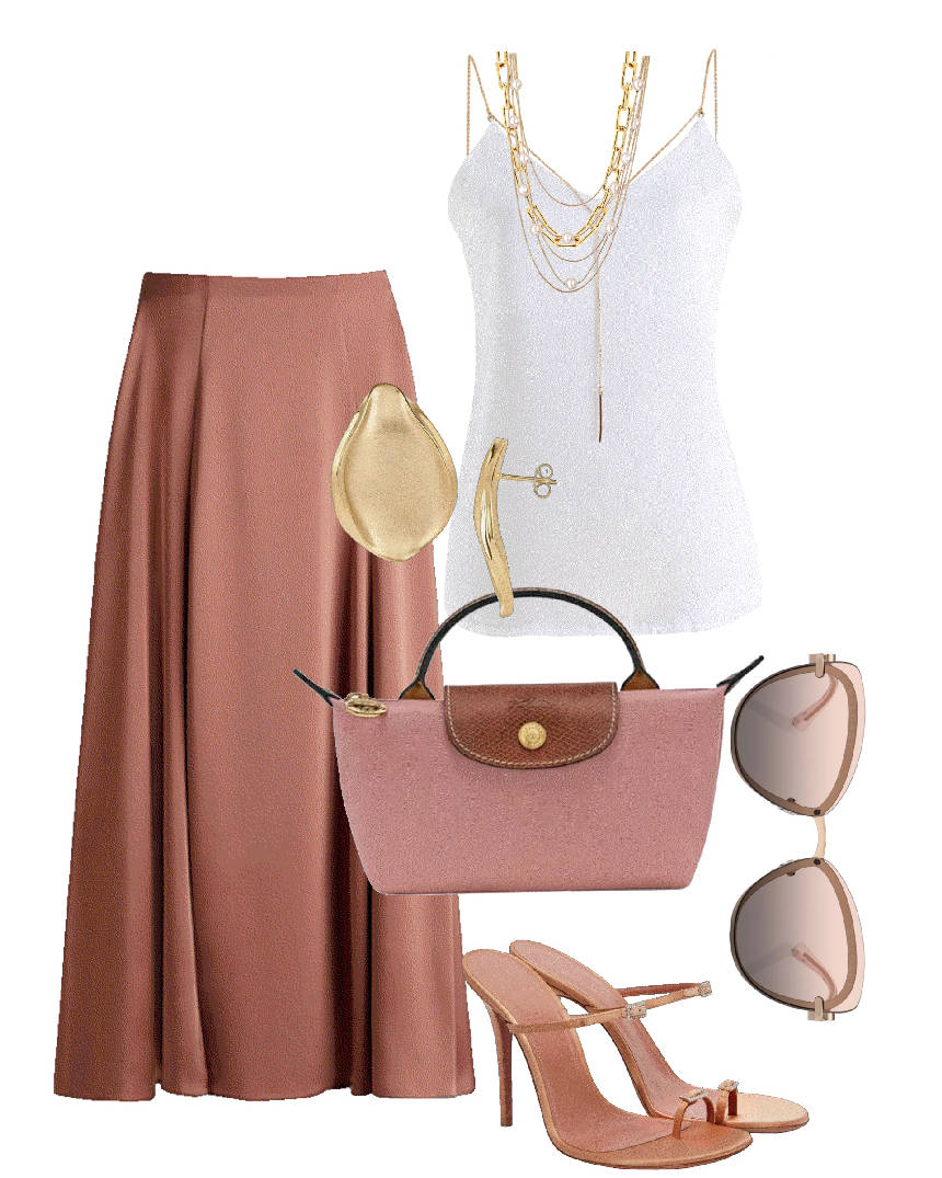 silk maxi skirt and tank op with jewelry