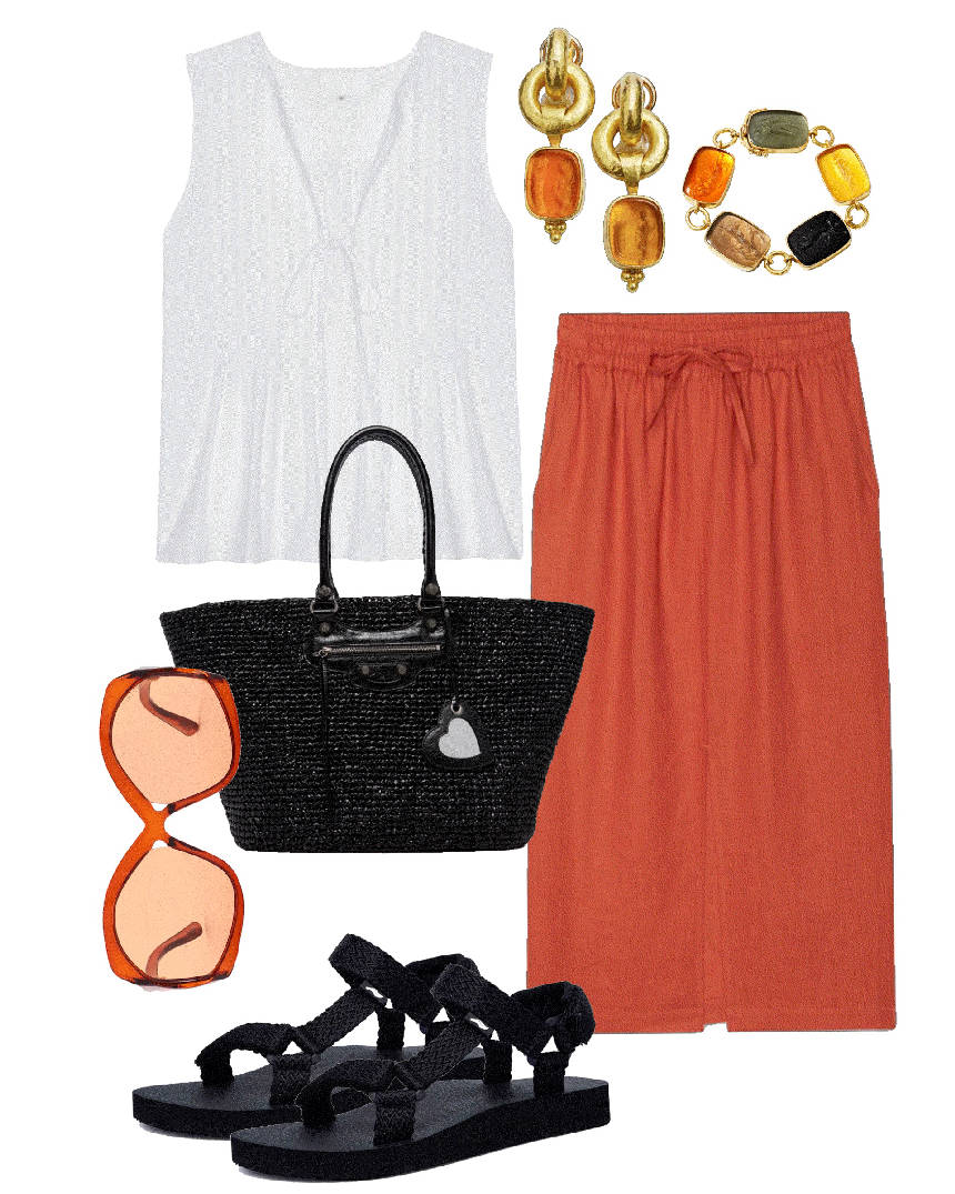 black sporty sandals styled with midi skirt