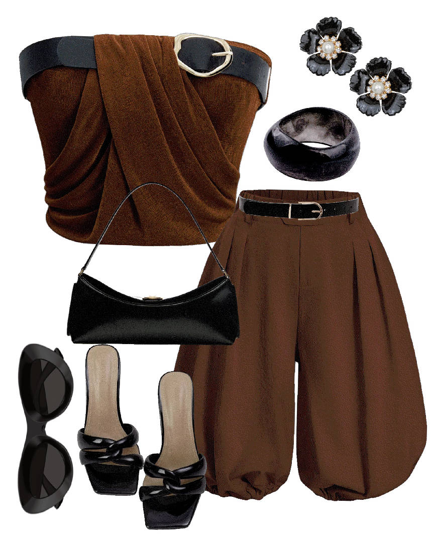 cute matching set in brown with ruched bermudas